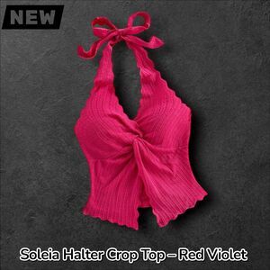 New Soleia Women's 5Halter Tie-Up Twist Crop Top – Red Violet (Size Small)